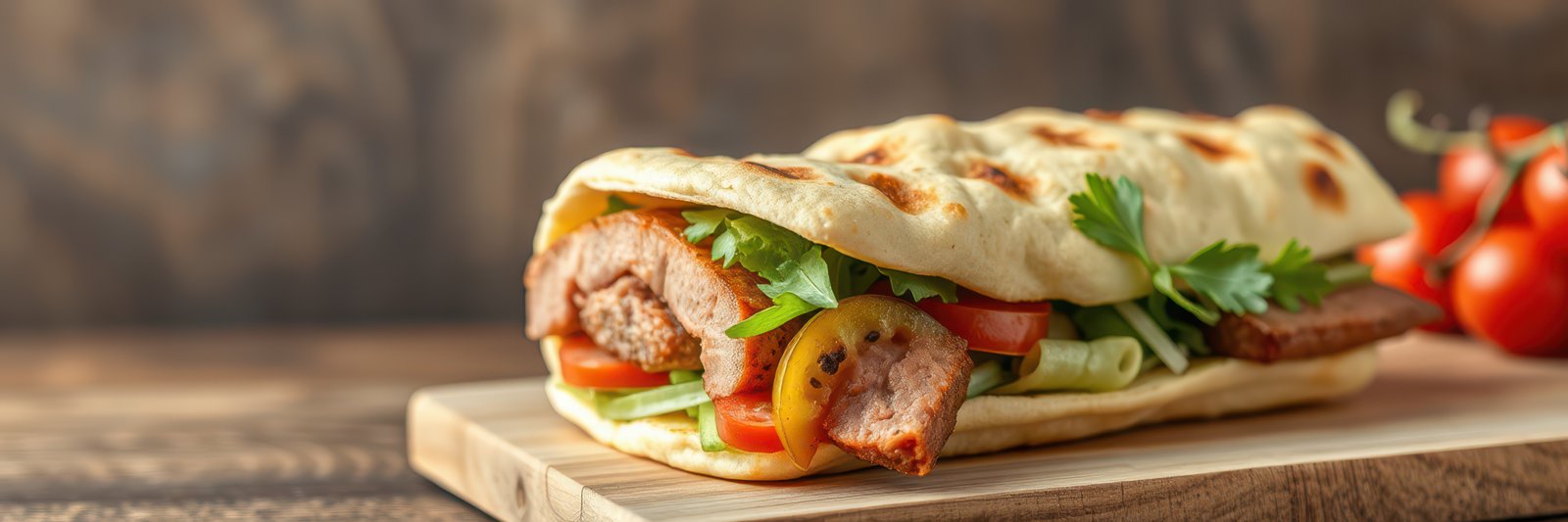 Delicious flatbread sandwich filled with grilled meat, fresh vegetables, and herbs served on a wooden table